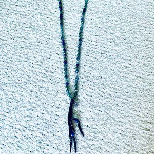 Chan Luu Beaded Stone Leather Tassel Strand Necklace, 37" Blue Agate Mix Mala